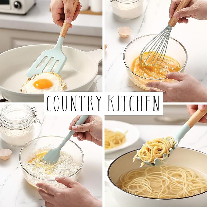 Country Kitchen Non Stick Silicone Utensil Set with Rounded Wood Handles for Cooking and Baking, 38 Piece Set, Mint - Image 4