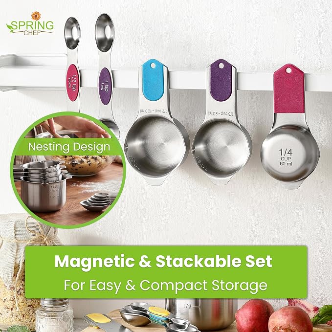 Spring Chef Magnetic Measuring Cups & Spoons Set of 9, Patented, Multicolor | Nesting Stainless Steel Measuring Cups & Heavy Duty Metal Measuring Spoons with Levelers for Dry & Liquid Ingredients - Image 6