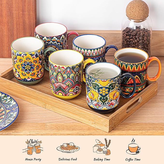 Henten Home Ceamic Coffee Mug Set of 6, 14 oz Colorful Latte Cup with Handle, Boho Floral Mug for Hot Cocoa, Milk, Tea, Chocolate, Microwave & Dishwasher Safe - Image 5