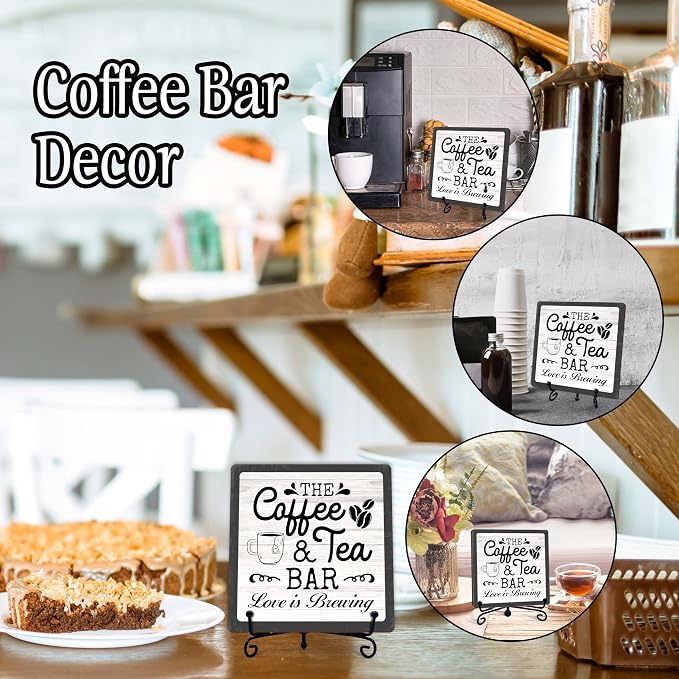 Coffee Bar Sign, Love is Brewing Farmhouse Tabletop Decor, Coffee and Tea Lover Gifts, 5x5 Wood Plaque with Iron Stand for Home Kitchen Cafe, Coffee Bar Decor – L08 - Image 3