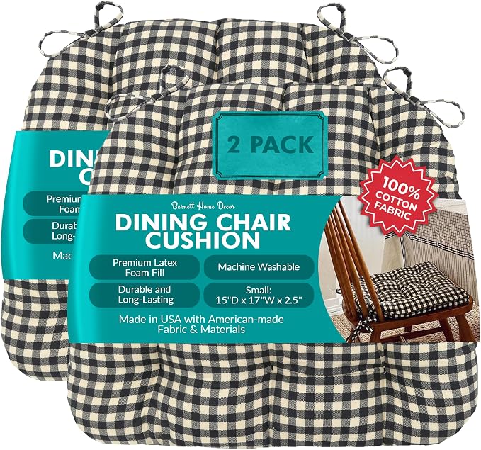 Barnett Home Decor Dining Chair Cushions with Ties – Small 15 x 17 - Latex Foam 100% Cotton, Machine Washable Chair Pads for Kitchen Chairs, Made in USA (Farmhouse Check Black and White/Pack of 2) by BarnettHomeDecor
