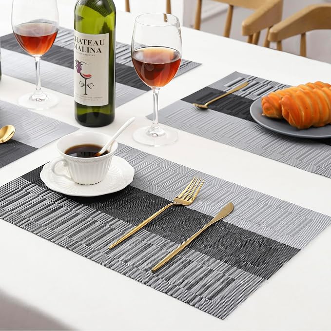Leetaltree Grey with White Striped Placemats Set of 12 - Heat Resistant Non-Slip Place mats for Dining Table, Washable Durable PVC Vinyl Woven Table Mats（Grey Stripe, 12） - Image 8