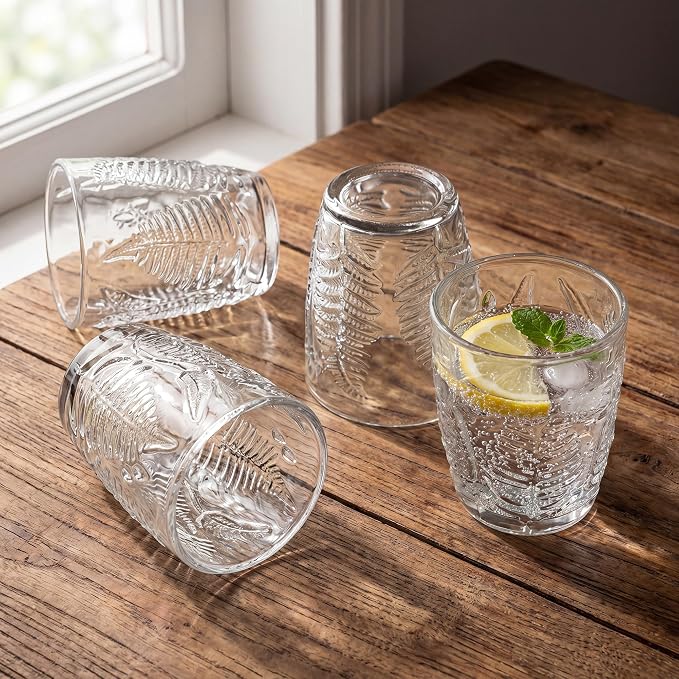 Clear Drinking Glasses Set of 4, 10 oz Glass Cups, Vintage Fern Glassware | Hand-Pressed, Dishwasher Safe, Boho Leaf-Textured Drinkware, Decorative Embossed Lowball Tumblers for Water, Retro Kitchen - Image 2