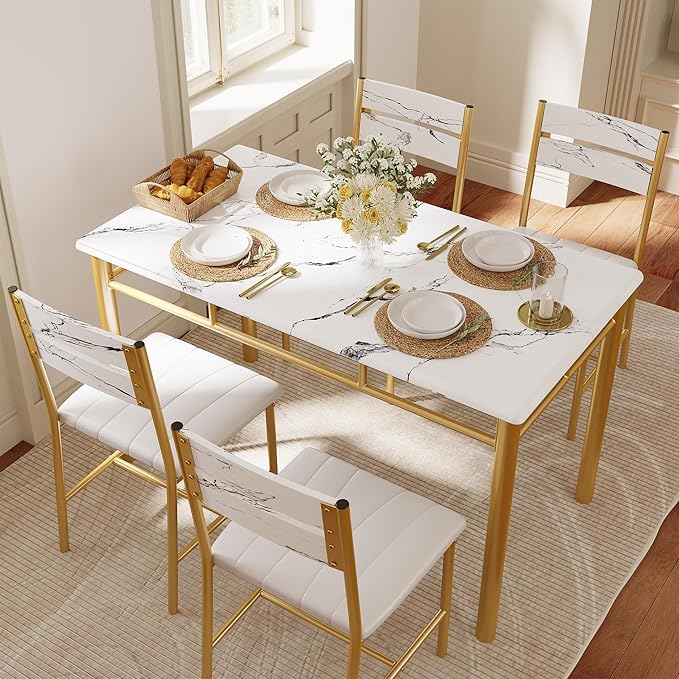 IRONCK Dining Table Set for 4, White & Gold | Wood Kitchen Table with Upholstered Chairs for Kitchen Room and Small Spaces - Image 3