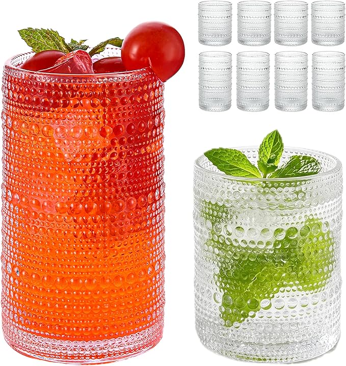 Vintage Hobnail Drinking Glasses Set of 8, Clear 16 oz Highball Glasses & 12 oz Cocktail Glasses Set, Kitchen Drinkware Glassware,Embossed Water Tumbler for Beer, Juice, Whiskey, Milk by HEFBCOMK