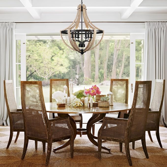 6-Light Large Rustic Farmhouse Dining Room Chandeliers, Adjustable Height Entryway Light Fixture, Hanging Wood Chandelier for Kitchen Island Foyer Stairwell Office - Image 2