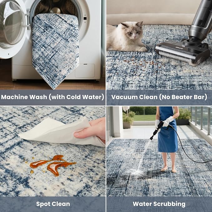 10x14 Washable Area Rug for Living Room Bedroom: Non-Slip Modern Blue Gold | Machine Washable TPR Backing, Stain-Resistant Low Pile, Pet & Kid Friendly, Abstract Decor for Dining Room, Dorm, Home Office - Image 5