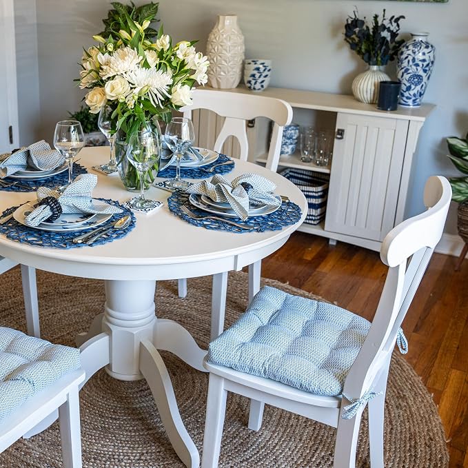 Barnett Home Decor Basketweave Blue Dining Chair Pad with Ties - 15 x 17 Size Small Chair Cushion - Latex Foam Fill - 100% Cotton, Made in USA - Machine Washable, Reversible - Image 2