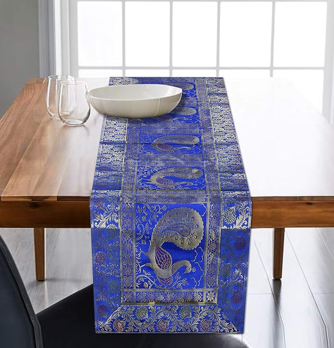 Indian Handmade Peacock Design Table Runner.Traditional Decorative Ethnic Kitchen Table Cloth for Wedding Bridal Birthday Party Decorations. 60 X 16 Inch Turquoise Color - Image 5