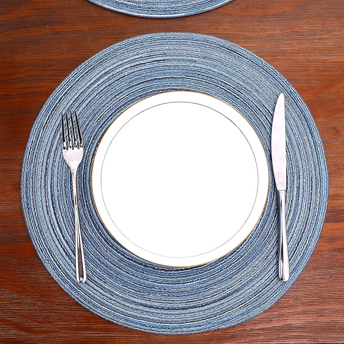 SHACOS Round Braided Placemats Set of 6 Circle Place Mats Kitchen Table Mats for Dining Table Wedding Party (Blue Gray, 6) - Image 2