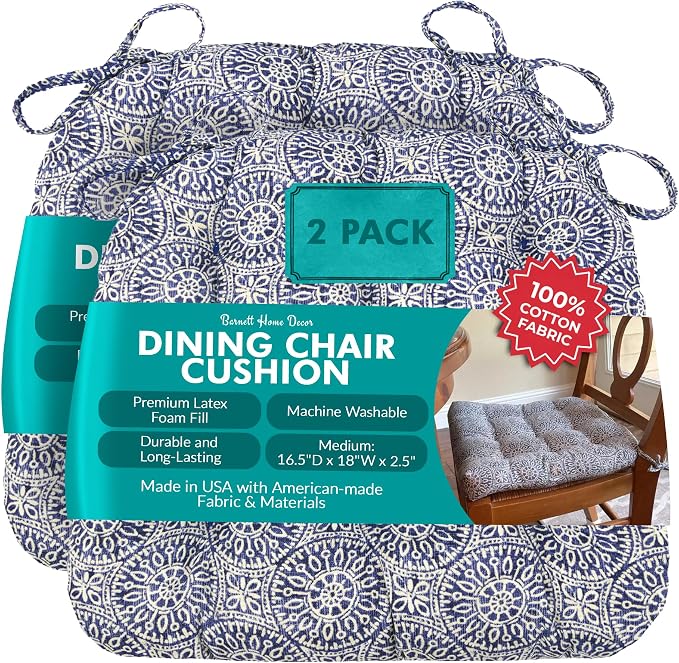 Barnett Home Decor Dining Chair Cushions with Ties, 16.5 x 18 Inches, Pack of 2 – Machine Washable, Made with 100% Cotton and Plush Latex Foam Fill, Made in USA – Tibet Blue by BarnettHomeDecor