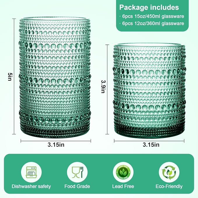 KMIGRUAN Hobnail Drinking Glasses Set of 12, 15Oz & 12Oz Cocktail Glasses | Light Green Boho Highball Glasses, Embossed Beaded Water Glass Cups for Juice and Various Mixed Drinks, Kitchen Bar Tumbler - Image 2