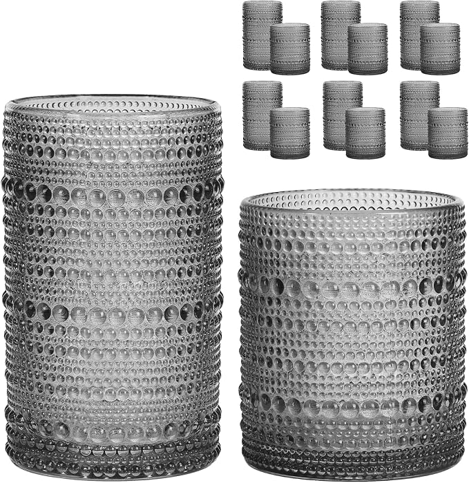 Moretoes 12 Pack Hobnail Drinking Glasses Gray Water Glass Cups Set | Mixed Vintage Glassware 6pcs 12oz Highballs & 6pcs 10oz Old Fashioned Glasses, Great for Cocktail Whisky and Other Beverages by Moretoes