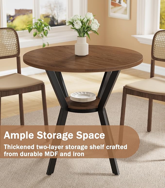 MECHYIN 31.5" Round Dining Table for 2-4, Farmhouse Small Kitchen Table with Storage, Space Saving Circle Table, Rustic Wood Dining Room Tables with Metal Legs for Kitchen, Dining Room, Apartment - Image 2