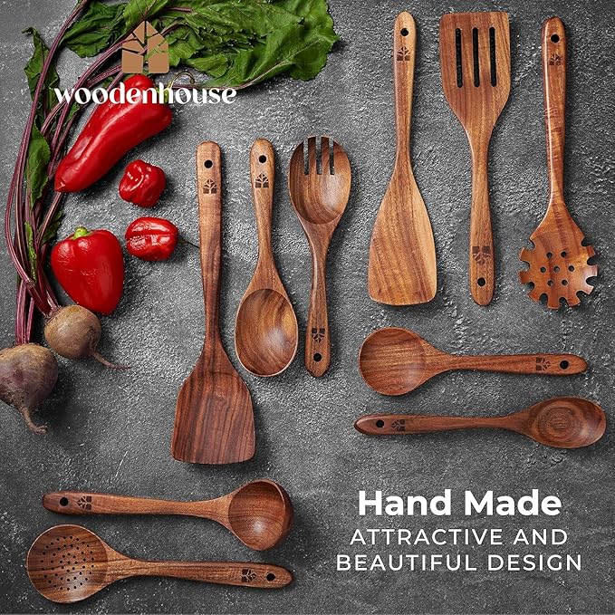 Wooden Spoons for Cooking, 10 Pcs Teak Wood Utensil Set for Nonstick | Durable, Heat Resistant & Food-Safe with Ergonomic Handles – Woodenhouse Kitchen Cookware - Image 7