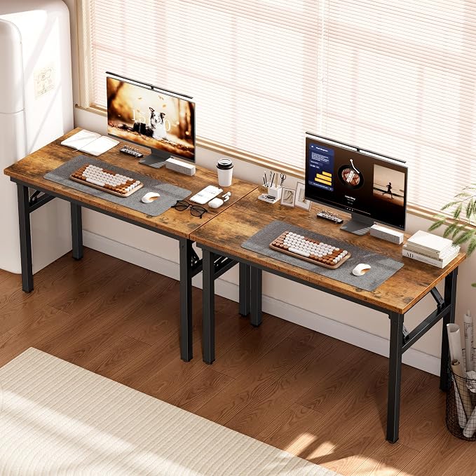 DlandHome 35.8 Inch Small Folding Computer Desk for Home Office, Retro | Foldable Writing Table for Small Spaces Bedroom, No Assembly Required, Wood Top Metal Frame, Collapsible Compact Easy Storage - Image 4