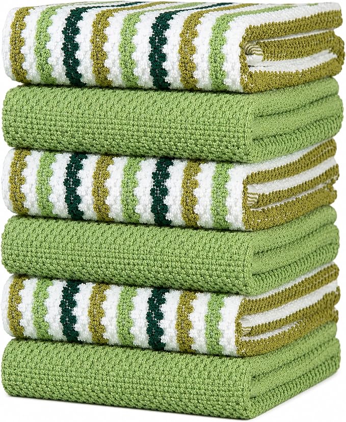 Bumble Kitchen Towels 6 Pack 100% Cotton 16"x26" - Sage Wide Stripe | 430 GSM Soft Kitchen Hand Towels with Hanging Loop, Highly Absorbent & Durable for Washing and Drying Dishes by BumbleTowels