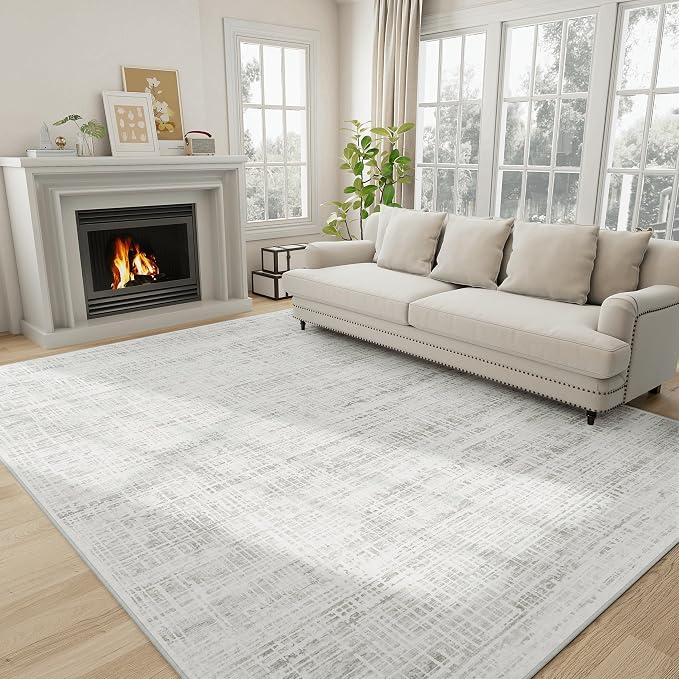 5x8 Washable Area Rug for Living Room Bedroom: Non-Slip Modern White Gray | Machine Washable TPR Backing, Stain-Resistant Low Pile, Pet & Kid Friendly, Abstract Decor for Dining Room, Dorm, Home Office by Oriannal