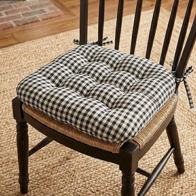 Barnett Home Decor Dining Chair Cushions with Ties – Small 15 x 17 - Latex Foam 100% Cotton, Machine Washable Chair Pads for Kitchen Chairs, Made in USA (Farmhouse Check Black and White/Pack of 2) - Image 2