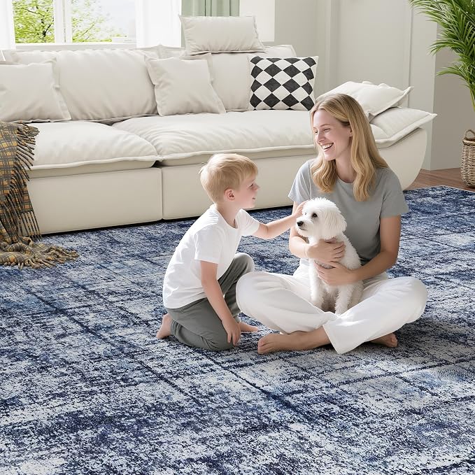 10x14 Washable Area Rug for Living Room Bedroom: Non-Slip Modern Navy Blue | Machine Washable TPR Backing, Stain-Resistant Low Pile, Pet & Kid Friendly, Abstract Decor for Dining Room, Dorm, Home Office - Image 7