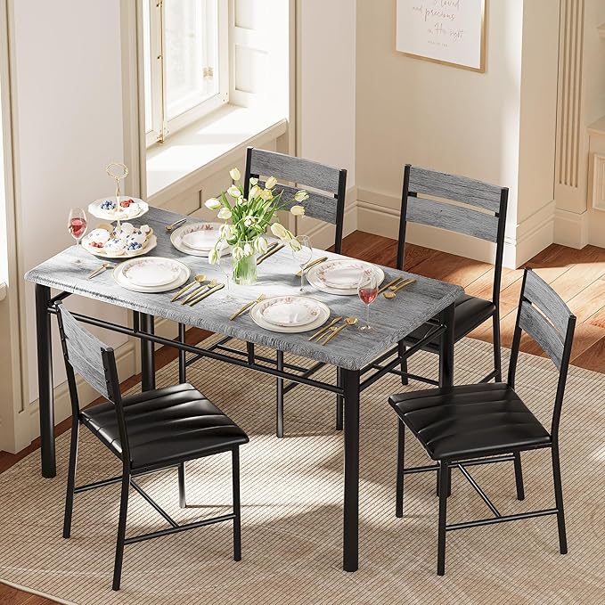 IRONCK Dining Table Set for 4, Grey | Wood Kitchen Table with Upholstered Chairs for Kitchen Room and Small Spaces - Image 3