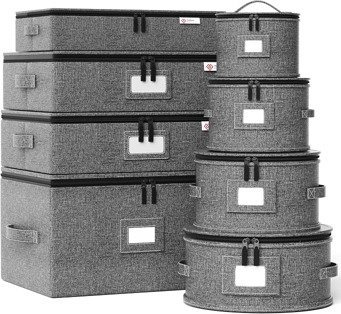 China Storage Containers Hard Shell,Moving Boxes for Mugs,Wine Glassess,Plates,Sausers,Utensils and Dinnerware, Sturdy Dish Organizer with Felt Dividers,8-Piece Set,Grey by YEARNINGHOME