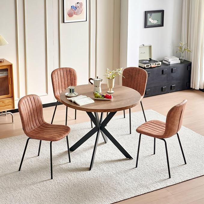 37 Inch Round Dining Table Set for 4, Modern Small Circle Kitchen Coffee Set for Apartment Living Room Office, Save Space(1 Imitation Wood Table + 4 Brown PU Leather Chairs) - Image 2
