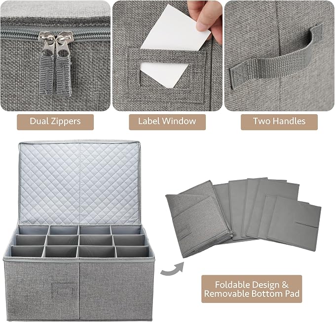 LotFancy Stemware Storage Container for Moving, Hard Shell, Wide Wine Glass Storage Box with Dividers & Handles, Stackable, Foldable Crystal Glassware Case, 21”x15.5”x10”, Grey - Image 5