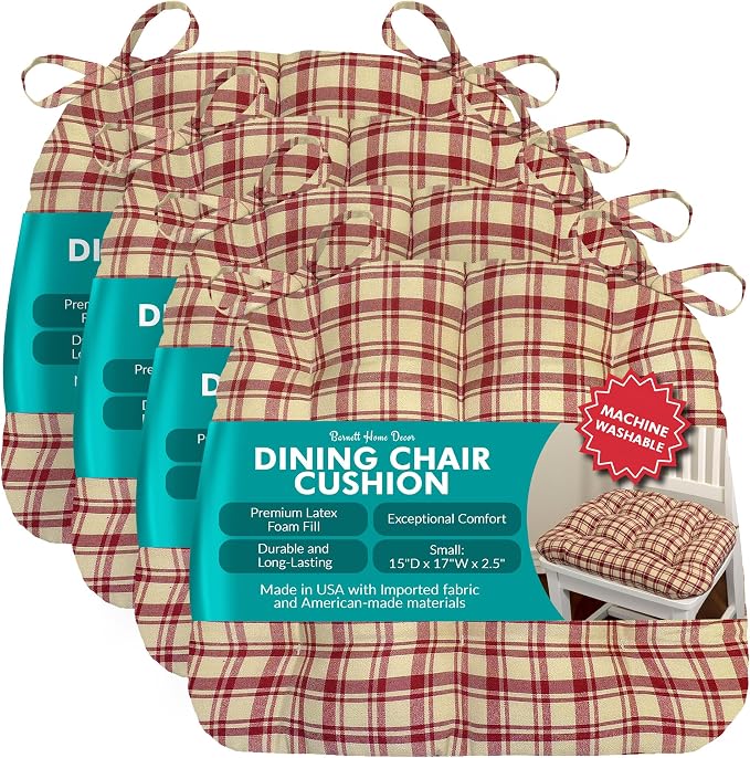 Barnett Home Decor Chair Cushions for Dining Chairs - 15x17 Kitchen Chair Cushions - Machine Washable, 100% Cotton, Made in USA - Latex Foam Comfort Chair Pads - Montgomery Red Small Pack of 4 by BarnettHomeDecor