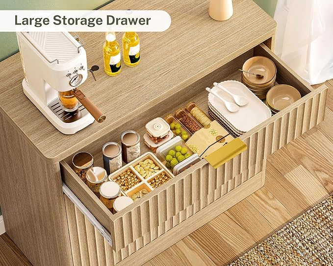 63" Fluted Buffet Sideboard Cabinet with Storage, Buffet Table Coffee Bar Wine Bar Storage Cabinet with Adjustable Shelf for Living Room, Kitchen, Natural - Image 6