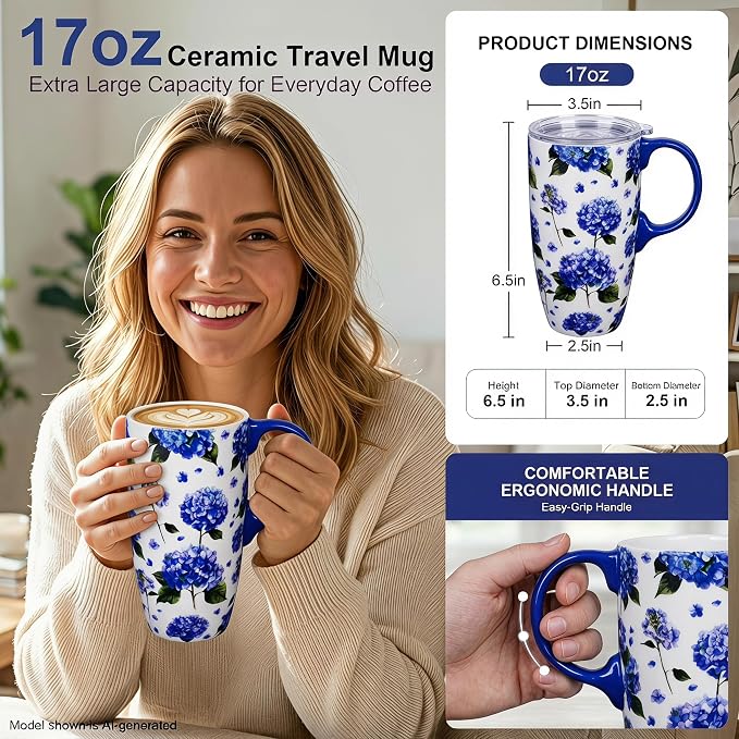 Topadorn Set of 2 Ceramic Travel Mugs with Lids, Coffee Mug | Butterfly & Hydrangea Mug Gift Set, 17oz Floral Coffee Cups, Microwave & Dishwasher Safe, Gift Box Included - Image 9