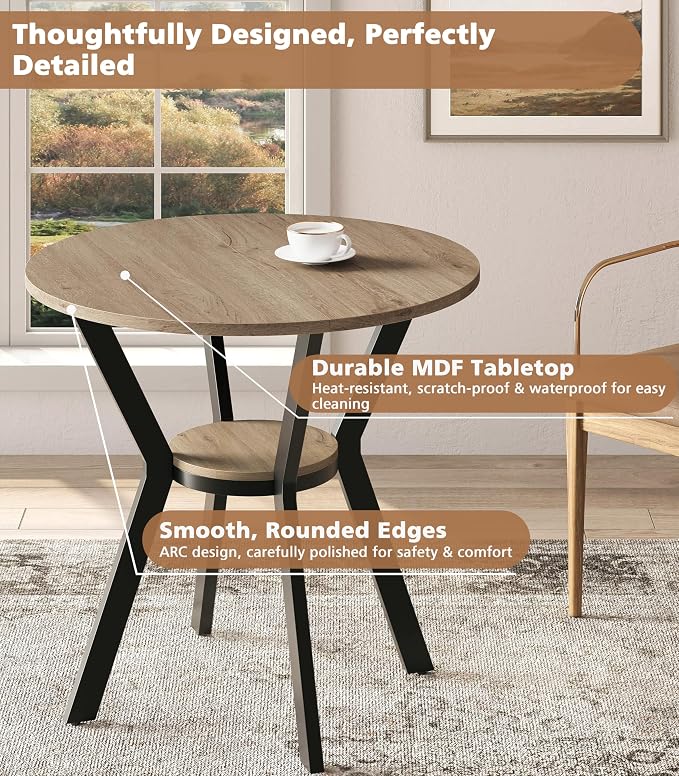 MECHYIN Round Dining Table, 31.5" Small Kitchen Table with Storage, Space Saving Dining Table, Rustic Wood Table with Metal Legs for Apartment, Dining Room & Kitchen Nook - Image 2