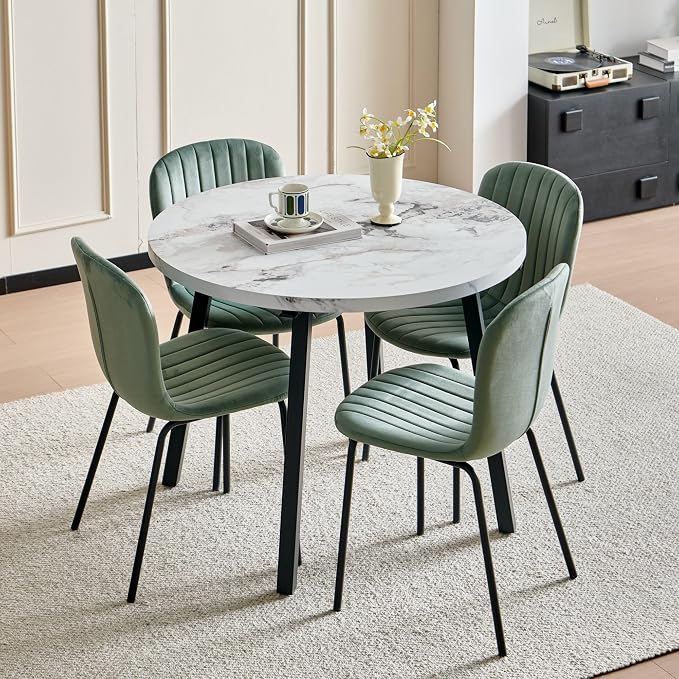 Small Round Dining Table Set for 4 People, 37" Modern Kitchen Table | 5-Piece Set, Faux White Marble MDF table, 4 Green Velvet Chairs, Easy Assembly, Space-saving, Fits Small Dining Room by SQPFTW