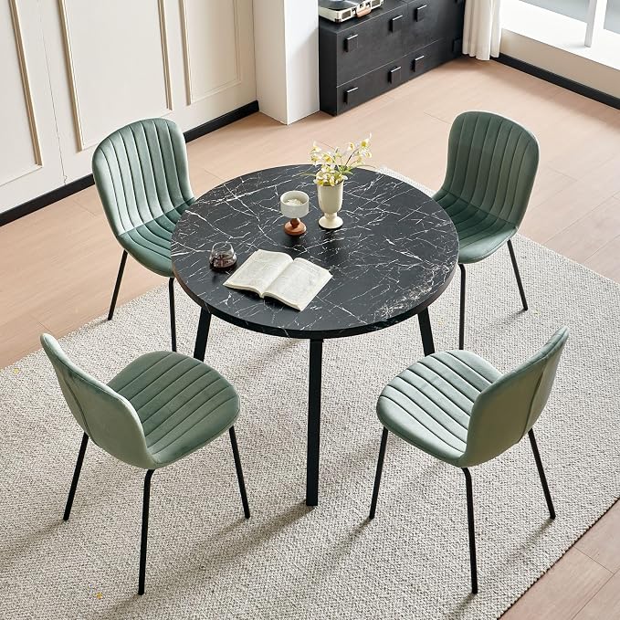 Small Round Dining Table Set for 4 People, 37" Modern Kitchen Table | 5-Piece Set, Faux Black Marble MDF table, 4 Green Velvet Chairs, Easy Assembly, Space-saving, Fits Small Dining Room - Image 2