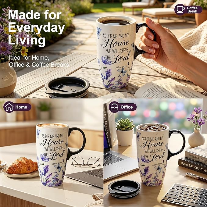 Topadorn 17oz Ceramic Travel Mug with Lid, Christian Floral Coffee Mug | Christian Coffee Mug with Handle, Joshua 24:15 Floral Design, Splash-Resistant Lid, Microwave & Dishwasher Safe, Gift Box - Image 3