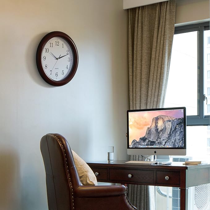 Set of 2 13.75 Inch Plastic Brown Round Silent, Non-Ticking Battery Operated Simple Modern Analog Wall Clock. Perfect for Office, Classroom, Living Room, Dining Room, Bed Room and Kitchen Wall Decor. - Image 7