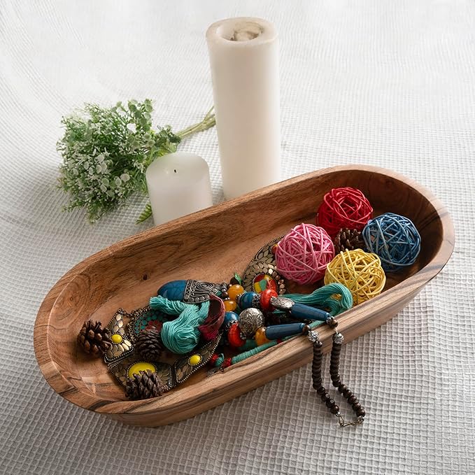 Wooden Dough Bowl – Handmade Decorative Bowls for Home Decor, Bathroom, Kitchen Counter & More - Acacia Wood Large Dough Bowl Fits Cosmetics, Keys & Other Knick Knacks – Great Boho Home Decorations