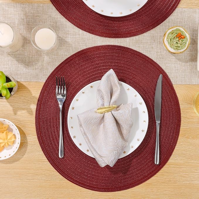 SHACOS Round Placemats Set of 12 for Dining Table 15 inch Round Braided Place Mats Cotton Polyester Washable Non Slip Kitchen Table Mats, Burgundy - Image 6