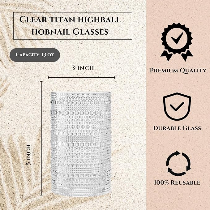 Khen Plastic Hobnail Drinking Highball Glasses Set of 6 Clear Color Cups 14oz, Shatterproof & Unbreakable Acrylic Beaded Design, BPA-Free, Dishwasher Safe Indoor/Outdoor Drinkware for Water, Cocktails - Image 3