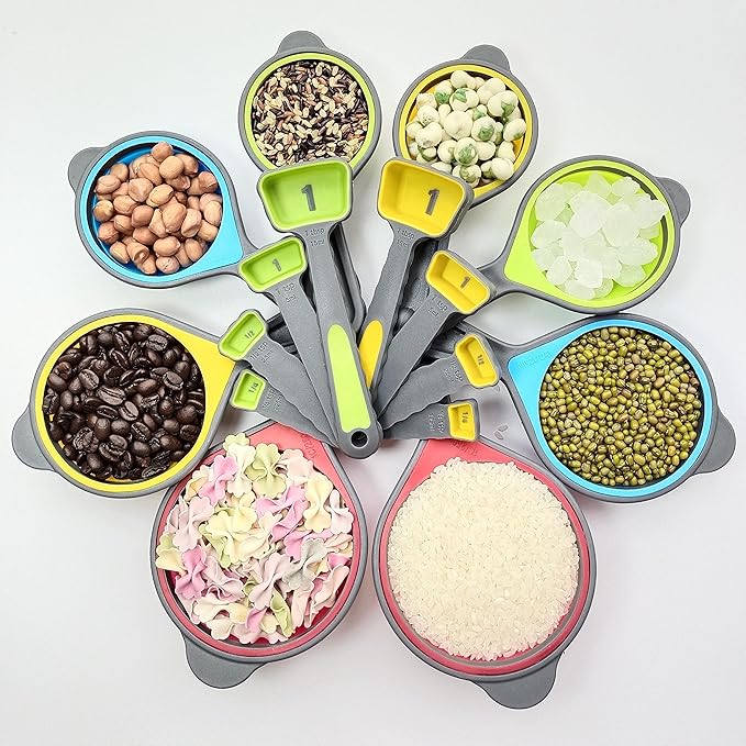 Collapsible Measuring Cups and Spoons Set,16 Pcs Portable Silicone Measuring Cups and Spoons for Liquid & Dry Measuring, Food Grade Silicone Measuring Tools Set, Yellow Green(Random Rainbow)