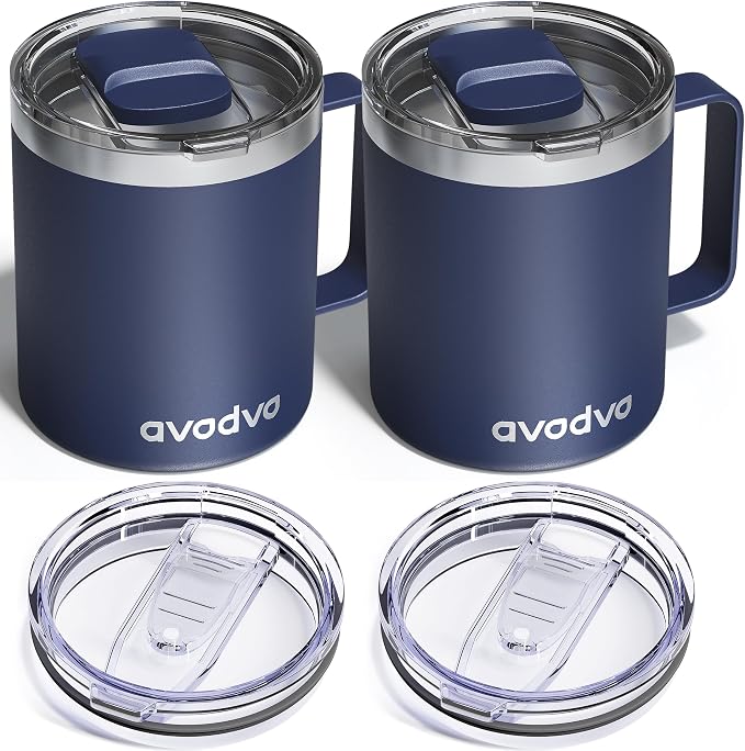 2 Pack 12oz Insulated Coffee Mug with Lids – Double Wall Stainless Steel Travel Cups with Handle, Keep Hot & Cold Drinks, Ideal Gift for Coffee Lovers, Home, Office & Camping, Navy Blue by avodvo