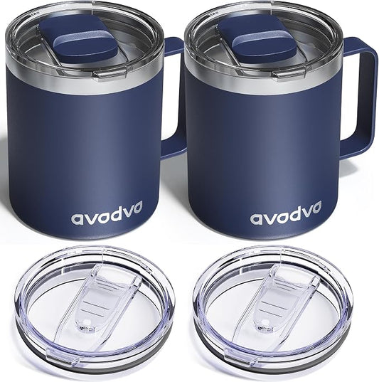 2 Pack 12oz Insulated Coffee Mug with Lids – Double Wall Stainless Steel Travel Cups with Handle, Keep Hot & Cold Drinks, Ideal Gift for Coffee Lovers, Home, Office & Camping, Navy Blue by avodvo