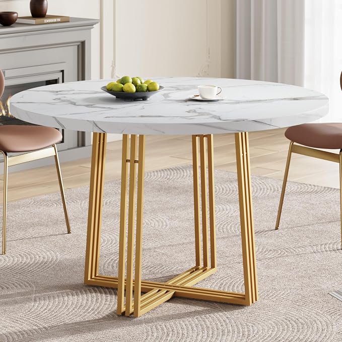 Round Dining Table for 4, 43.3-Inch Faux Marble Kitchen Table, Modern Circle Dinner Table with Metal Base for Dining Room, Kitchen, Breakfast Nook, Apartment, Small Spaces, White and Gold - Image 5