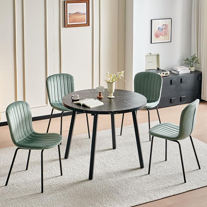 Small Round Dining Table Set for 4 People, 37" Modern Kitchen Table | 5-Piece Set, Faux Black Marble MDF table, 4 Green Velvet Chairs, Easy Assembly, Space-saving, Fits Small Dining Room - Image 4