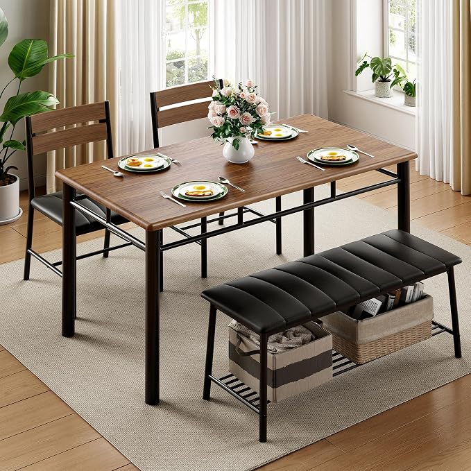 IRONCK Dining Table Set for 4, Kitchen Table and Chairs Set, Walnut | Kitchen Table with Upholstered Bench and 2 Chairs for Small Space, Apartment - Image 3