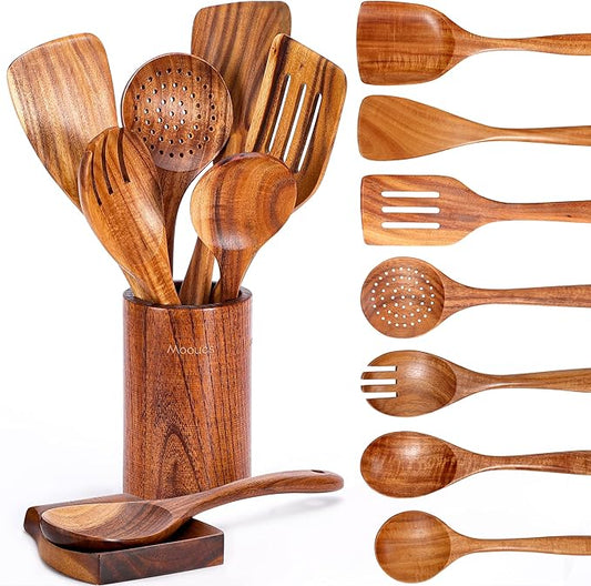 Mooues Wooden Kitchen Utensil Set, 9 Piece Natural Teak with Spoon Rest | Wooden Cooking Utensils with Comfort Grip, Smooth Durable Heat Resistant Cooking Spoons and Utensils Holder for Cooking by Mooues