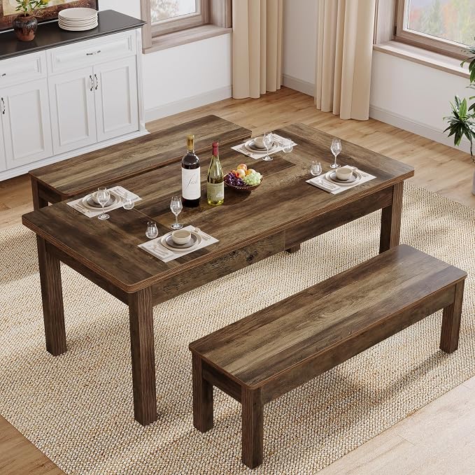 Tribesigns Farmhouse Kitchen Table Set for 4-6, 55-Inch Wooden Dining Table with 2 Benches, Space Saving 3 Pieces Heavy Duty Dinette for Dining Room, Kitchen, Small Space (Wood Hemp) - Image 6