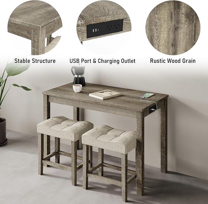 allamazing 3-Piece Counter Height Bar Table Set with Socket and 2 Fabric Padded Bar Stools, Tall Kitchen Breakfast Dining Table Set with Stools (1+2 Natural) - Image 3