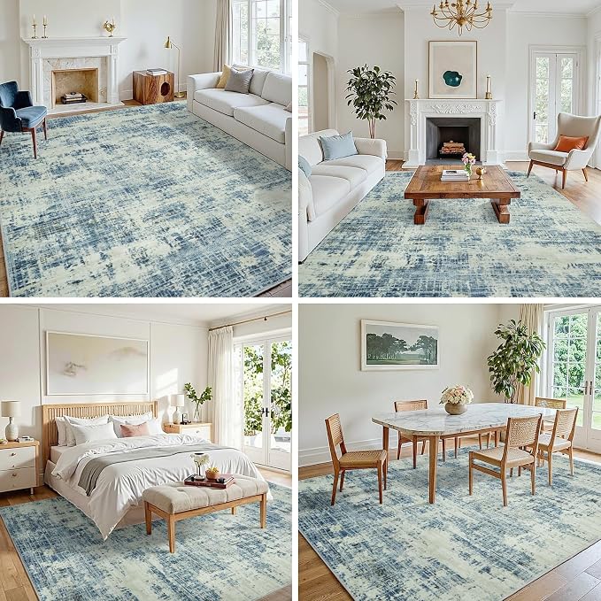 9x12 Washable Area Rug for Living Room Bedroom: Non-Slip Modern Blue Gray | Machine Washable TPR Backing, Stain-Resistant Low Pile, Pet & Kid Friendly, Abstract Decor for Dining Room, Dorm, Home Office - Image 3