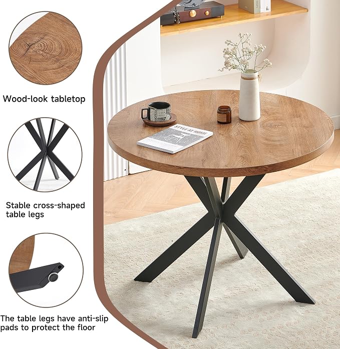37 Inch Round Dining Table Set for 4, Modern Small Circle Kitchen Coffee Set for Apartment Living Room Office, Save Space(1 Imitation Wooden Table + 4 White Boucle Chairs) - Image 6